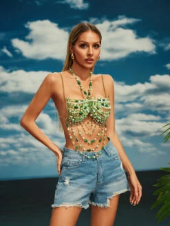Catlin Gemstone Beaded Bralette In Green