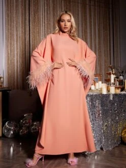 Ceridwen Long Sleeve Feather Maxi Dress In Orange