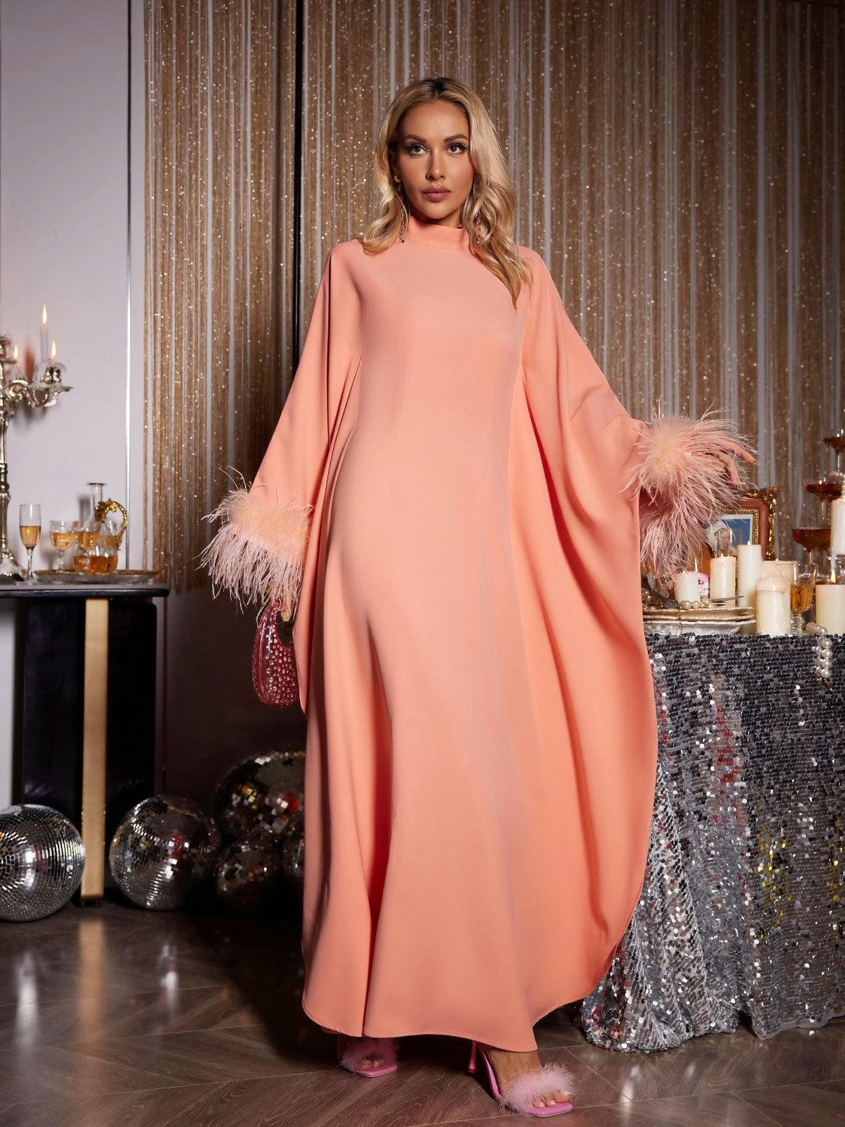 Ceridwen Long Sleeve Feather Maxi Dress In Orange - Image 3