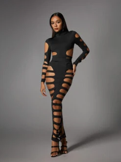 Ceslee Long Sleeve Cutout Skirt Set In Black