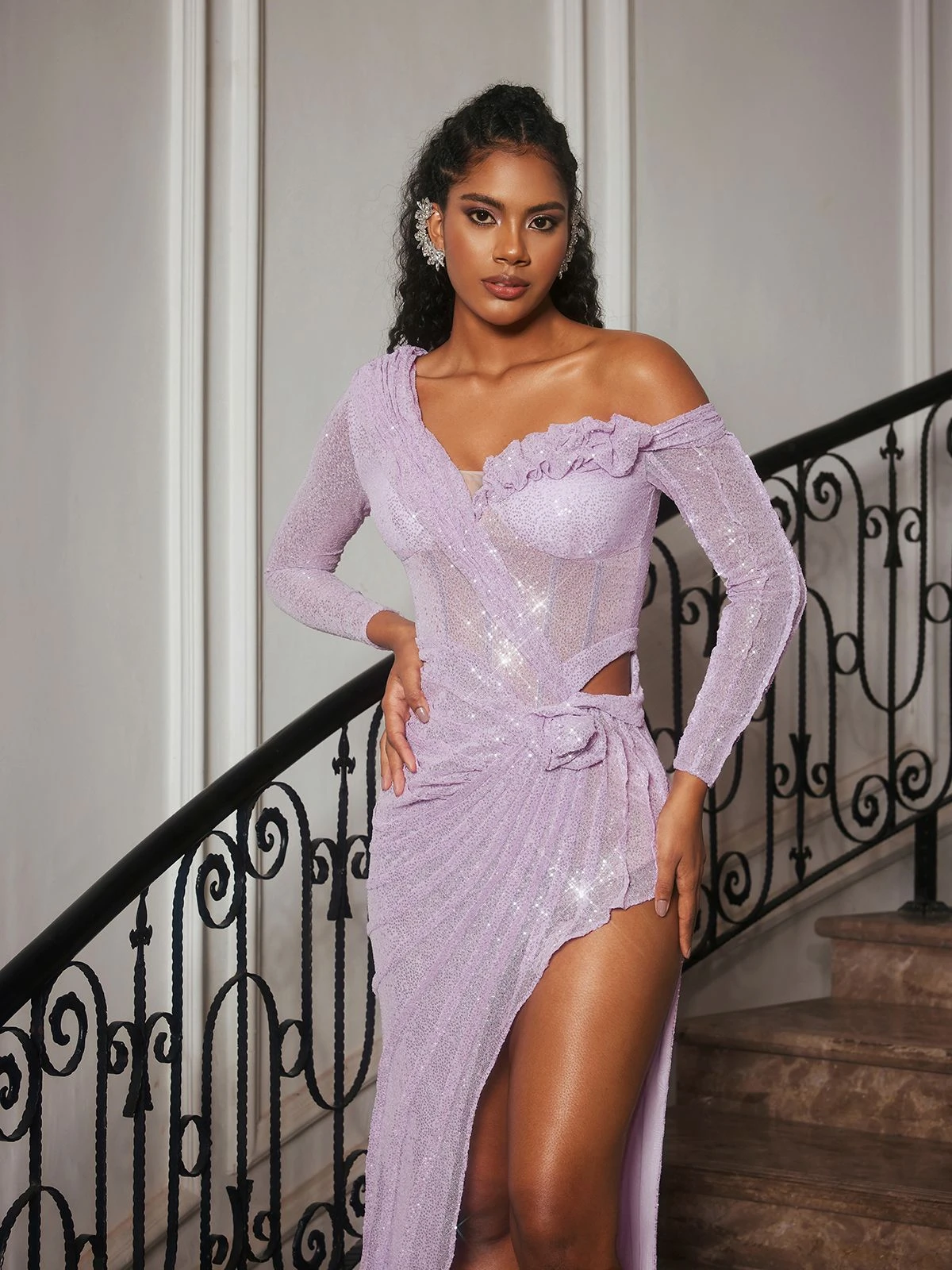 Chaperel Long Sleeve Sequin Split Maxi Dress - Image 5