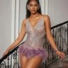 Charsian V Neck Rhinestone Feather Bodysuit