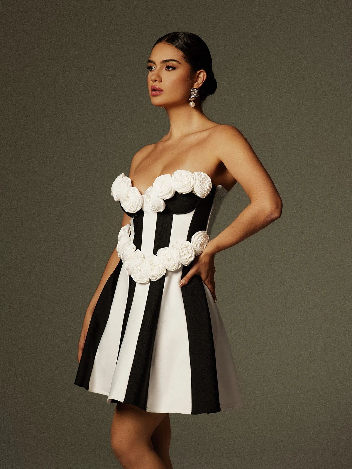 Chiyeko Strapless Flower Stripe Bandage Mini Dress - Image 5