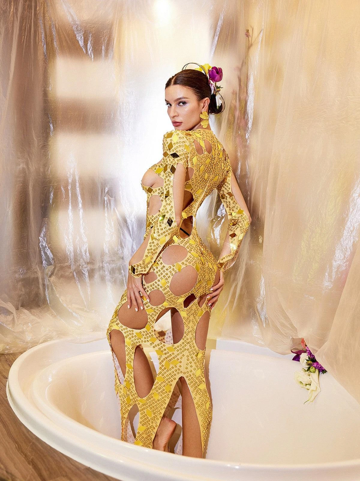 Cocona Square Hollow Embellished Dress In Gold - Image 5