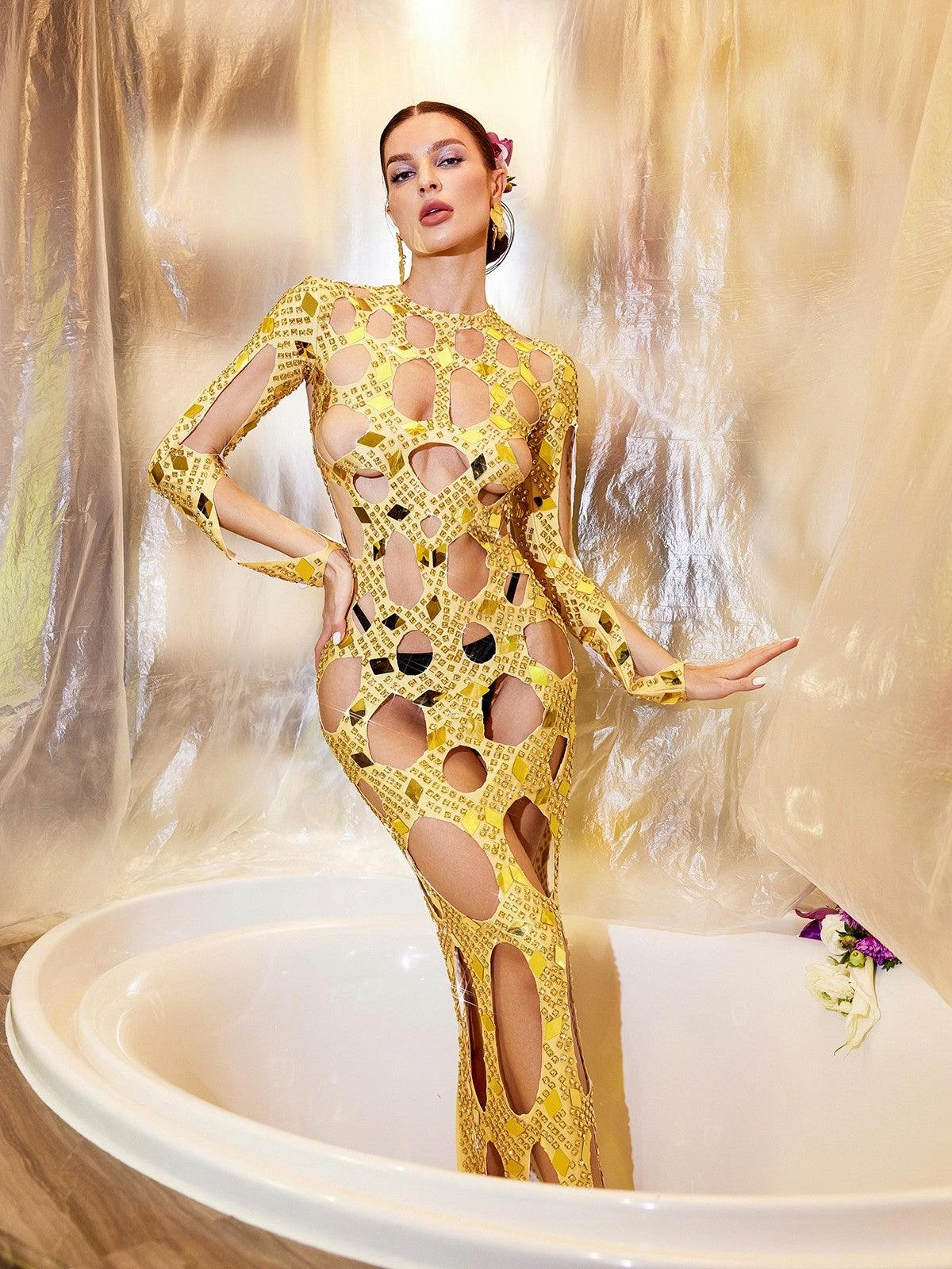 Cocona Square Hollow Embellished Dress In Gold - Image 4