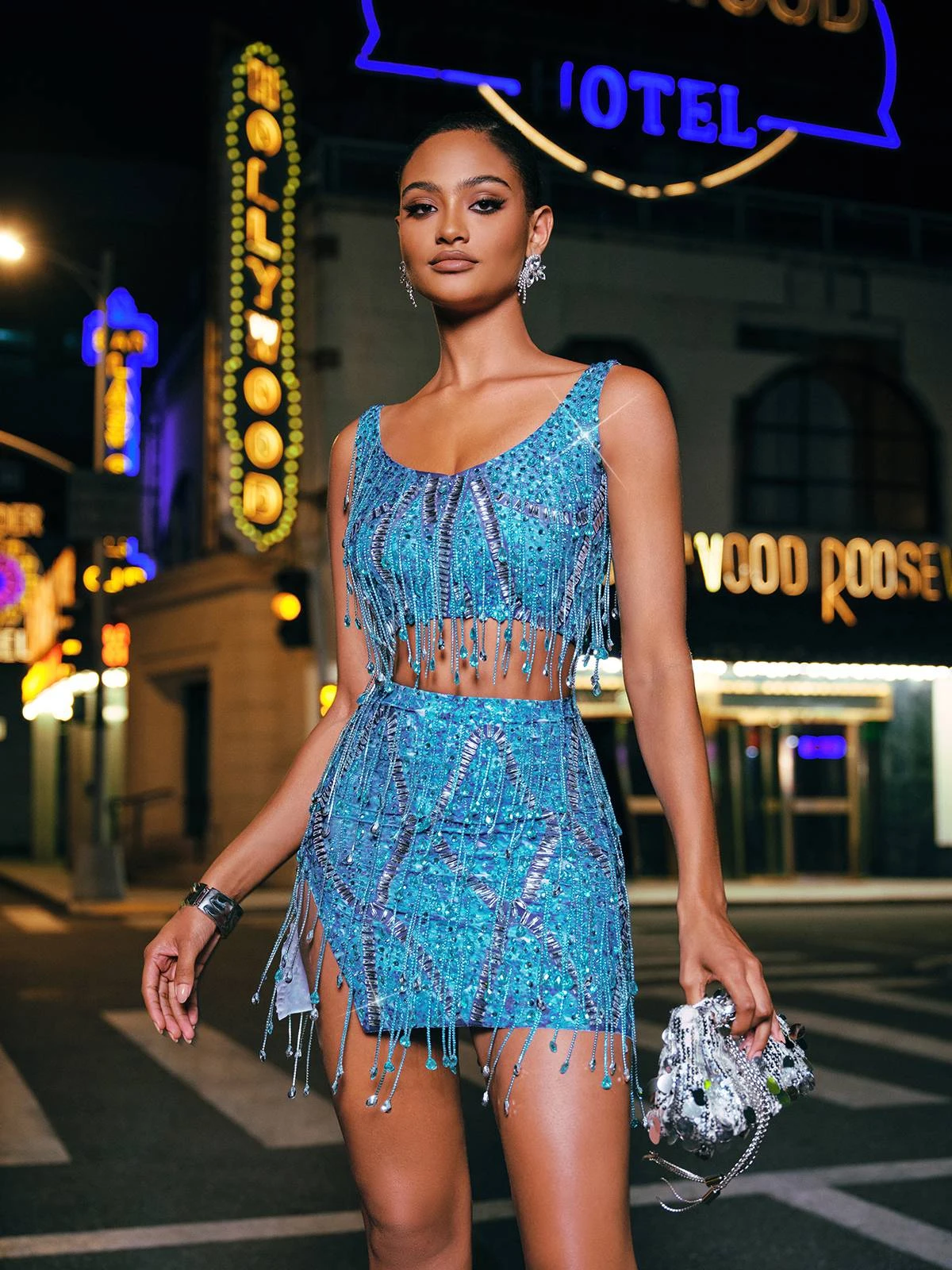 Colette Crystal Chain Fringe Split Skirt Set In Blue - Image 4