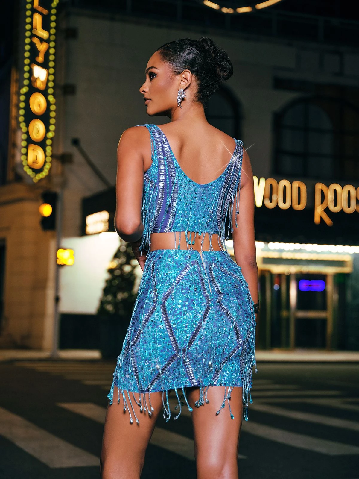 Colette Crystal Chain Fringe Split Skirt Set In Blue - Image 6