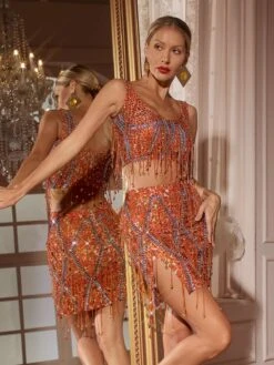 Colette Crystal Chain Fringe Split Skirt Set In Orange