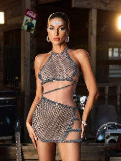 Corvain Rhinestone Mesh Mini Dress In Black