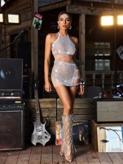 Corvain Rhinestone Mesh Mini Dress In Silver