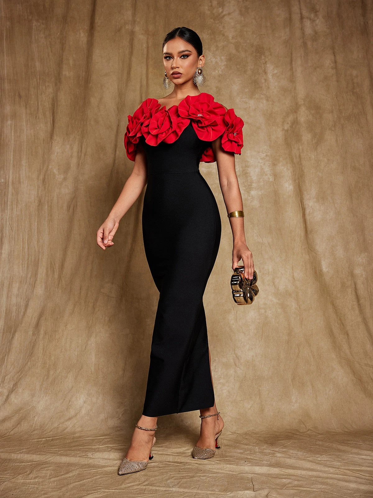 Creed Off Shoulder Flower Bandage Dress In Red - Image 4
