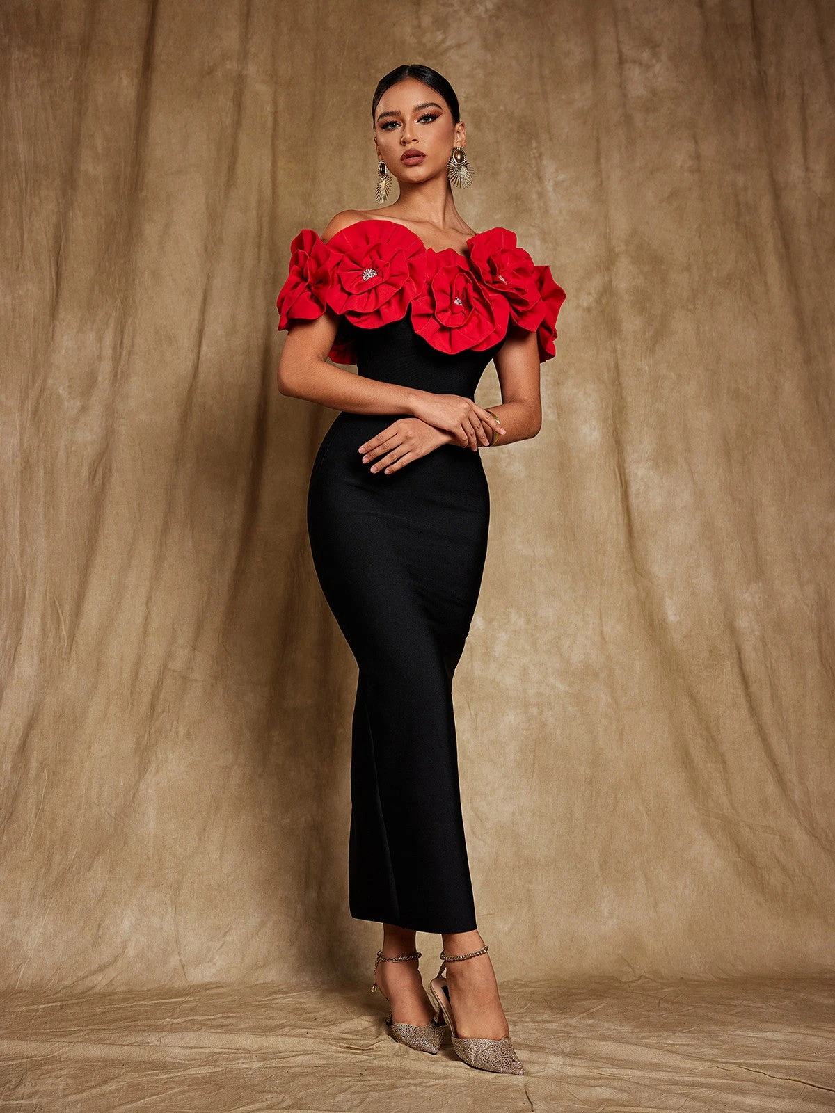 Creed Off Shoulder Flower Bandage Dress In Red - Image 5