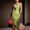 Cyfel Floral Crystal Fringe Midi Dress In Green