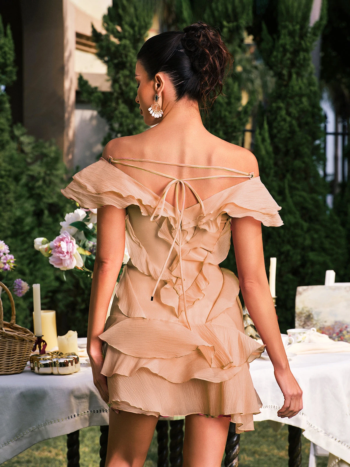 Dabney V Neck Ruffle Mini Dress In Champagne - Image 6