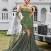 Daelis Off Shoulder Rhinestone Mesh Maxi Dress