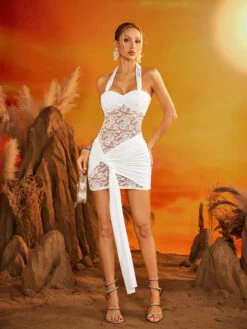 Daelric Halterneck Lace Draped Mini Dress