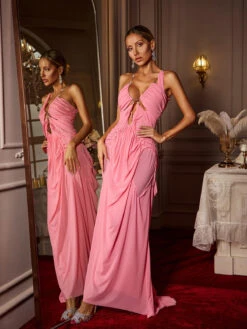 Daiki Halterneck Ruched Maxi Dress In Pink