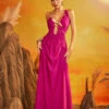 Daiki Halterneck Ruched Maxi Dress In Hot Pink