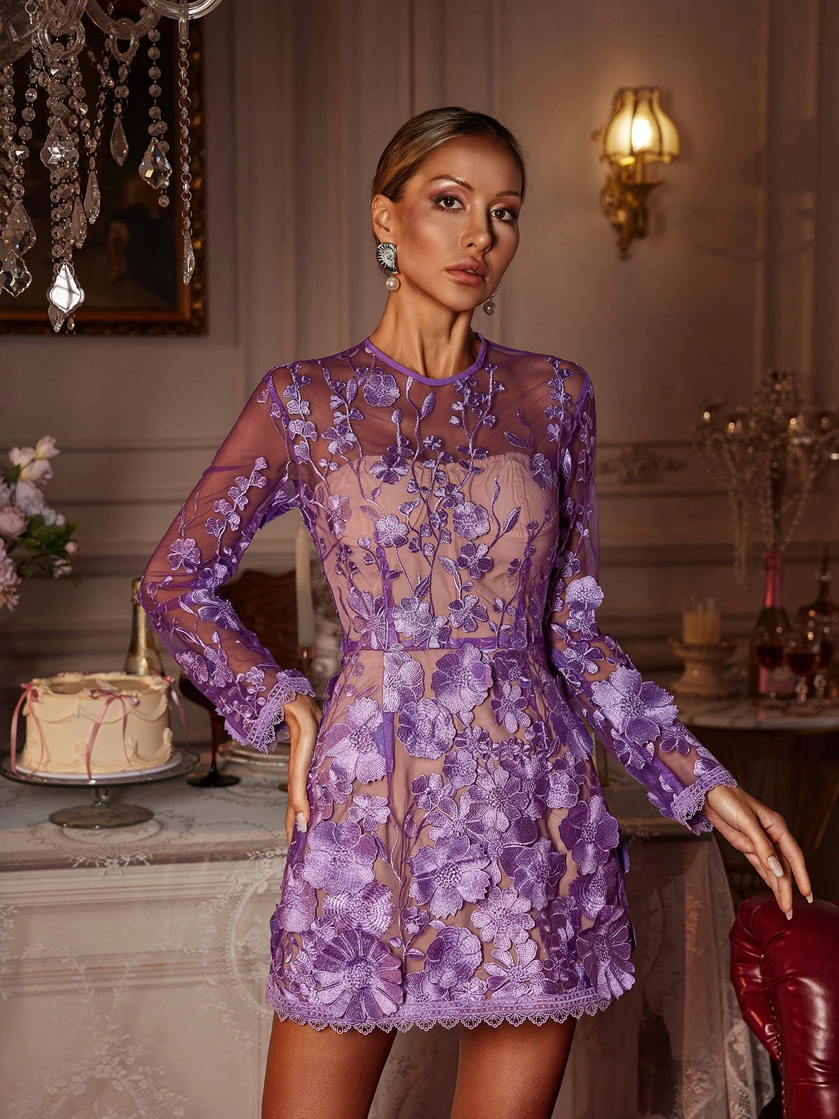 Dallan Long Sleeve Floral Embroidered Mini Dress - Image 3