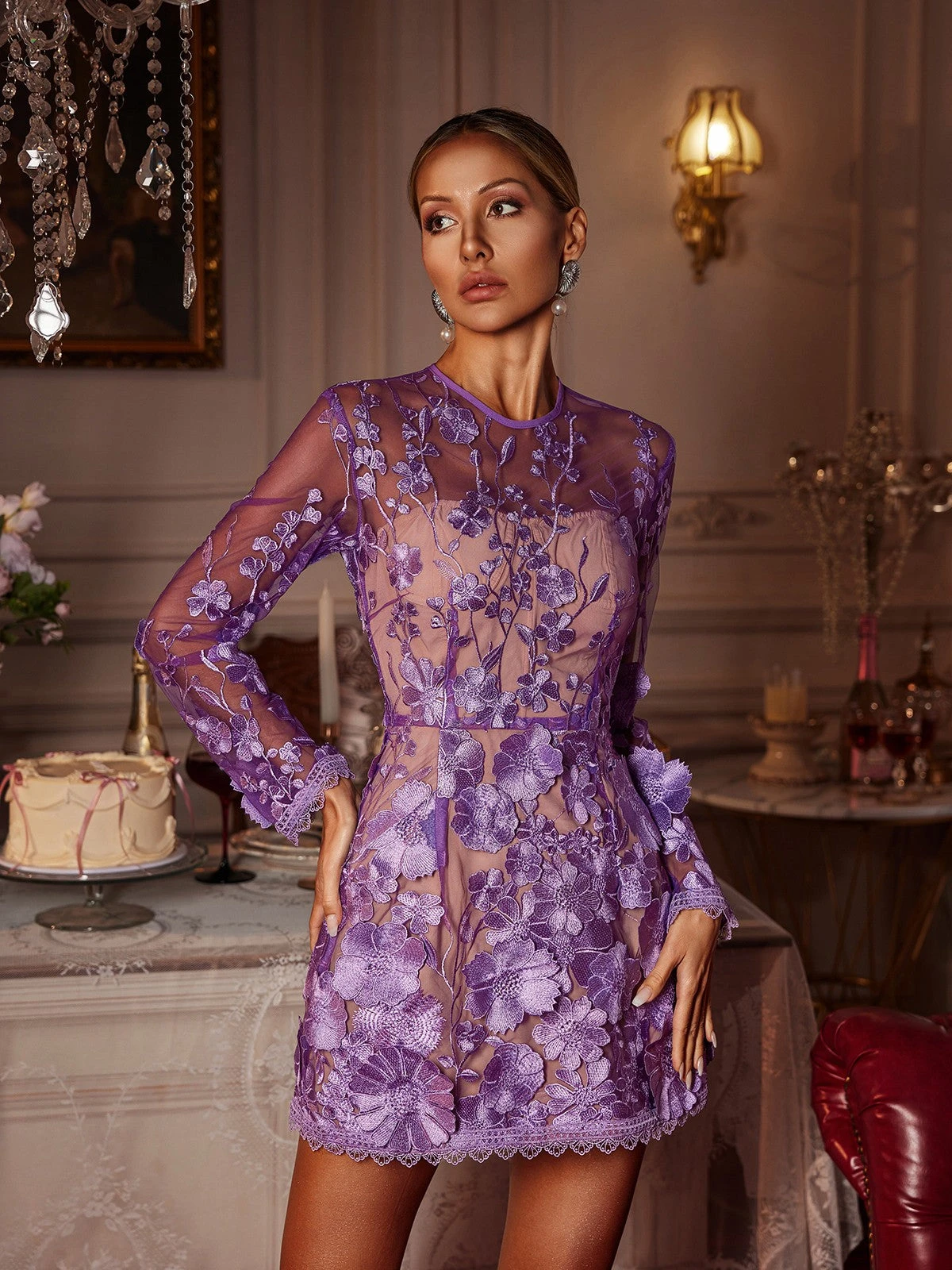 Dallan Long Sleeve Floral Embroidered Mini Dress - Image 4