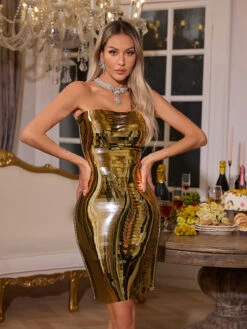 Darold Strapless Metal Mini Dress In Gold