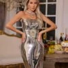 Darold Strapless Metal Mini Dress In Silver