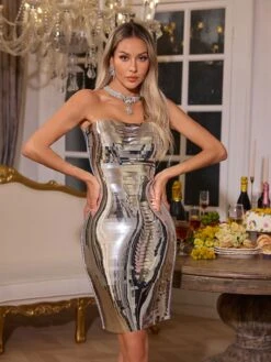 Darold Strapless Metal Mini Dress In Silver