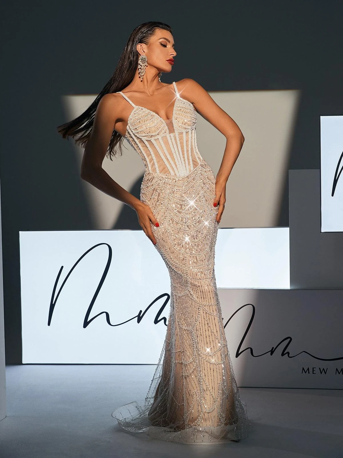 Dion Spaghetti Pearl Embellished Sequin Dress - Image 2