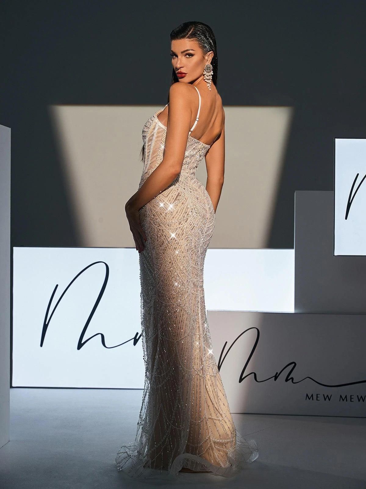 Dion Spaghetti Pearl Embellished Sequin Dress - Image 5