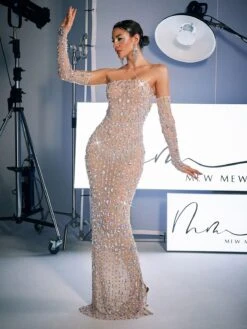 Douglas Strapless Rhinestone Maxi Dress With Gloves