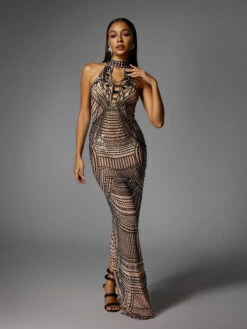 Dyrrik Halterneck Rhinestone Chain Mesh Maxi Dress