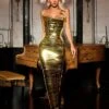 Eadward Strapless Metallic Midi Dress In Gold