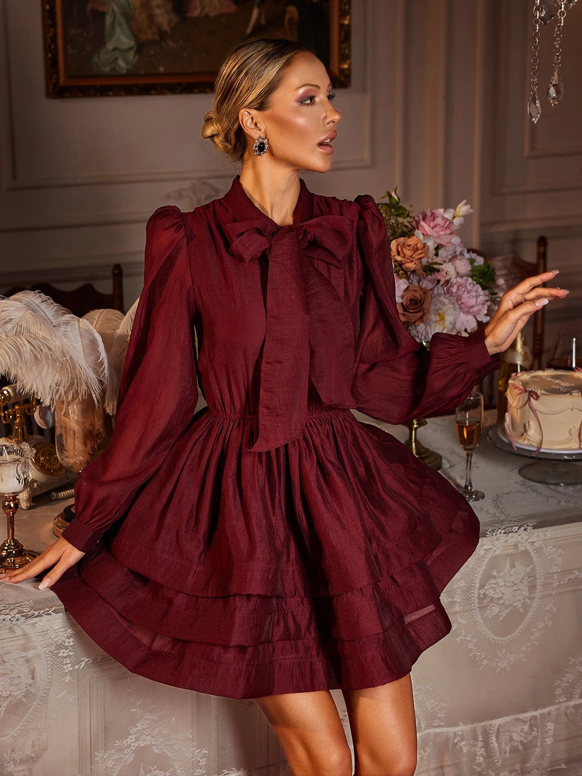 Eairein Long Sleeve Bow Ruffle Mini Dress - Image 3