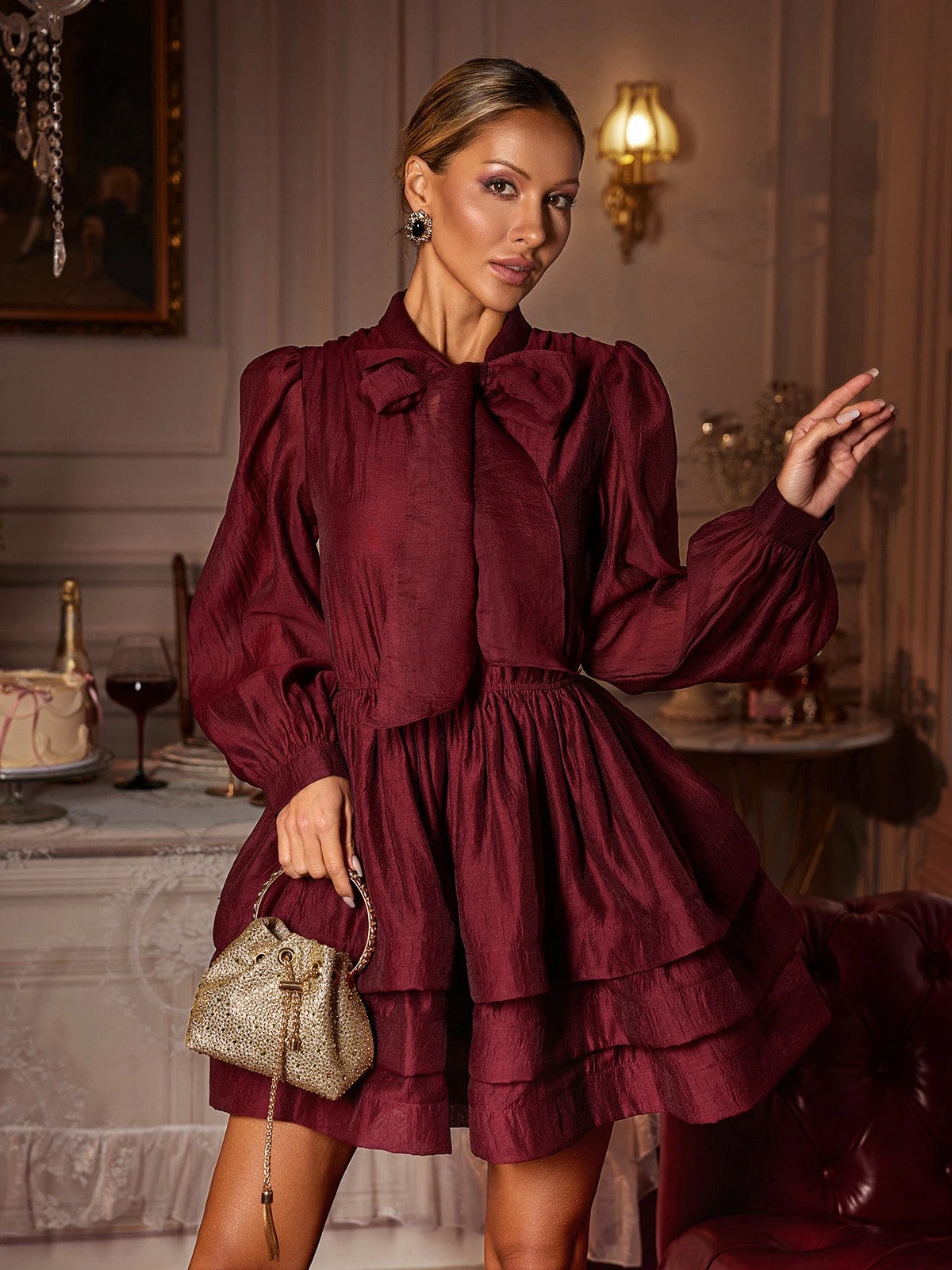 Eairein Long Sleeve Bow Ruffle Mini Dress - Image 2