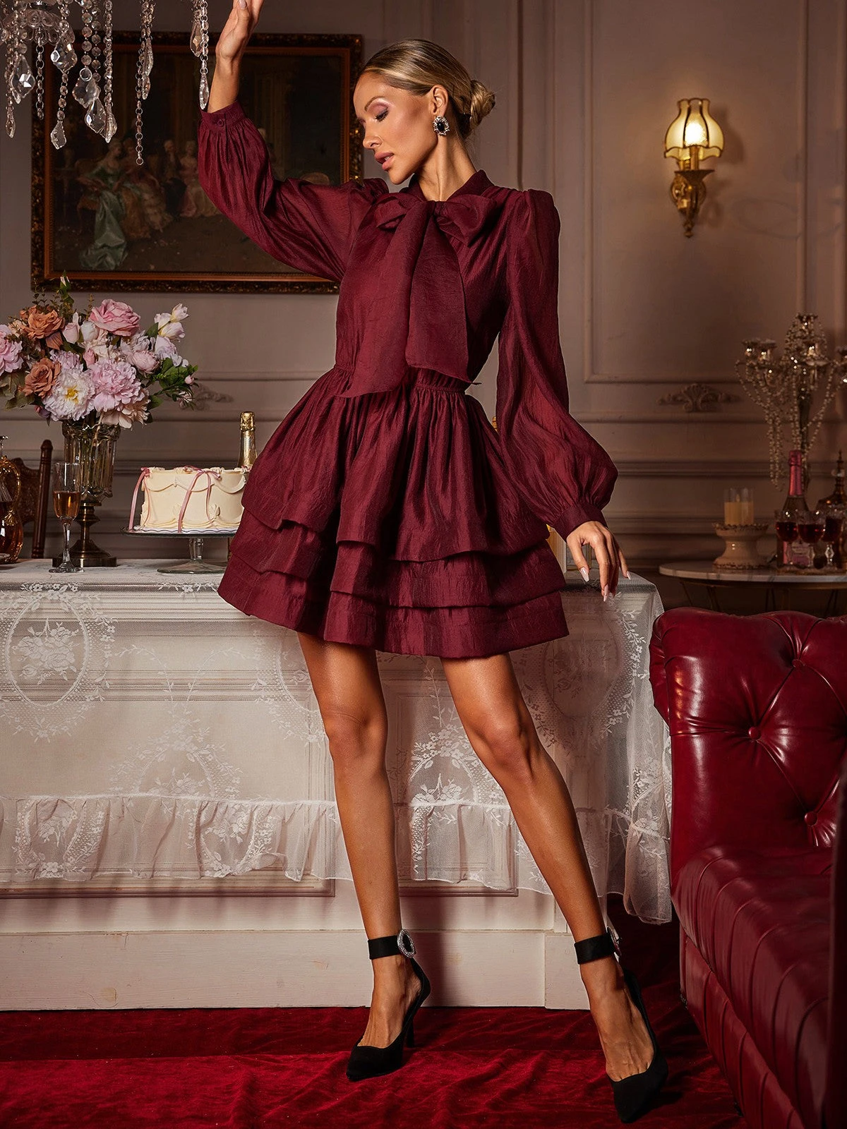 Eairein Long Sleeve Bow Ruffle Mini Dress - Image 4