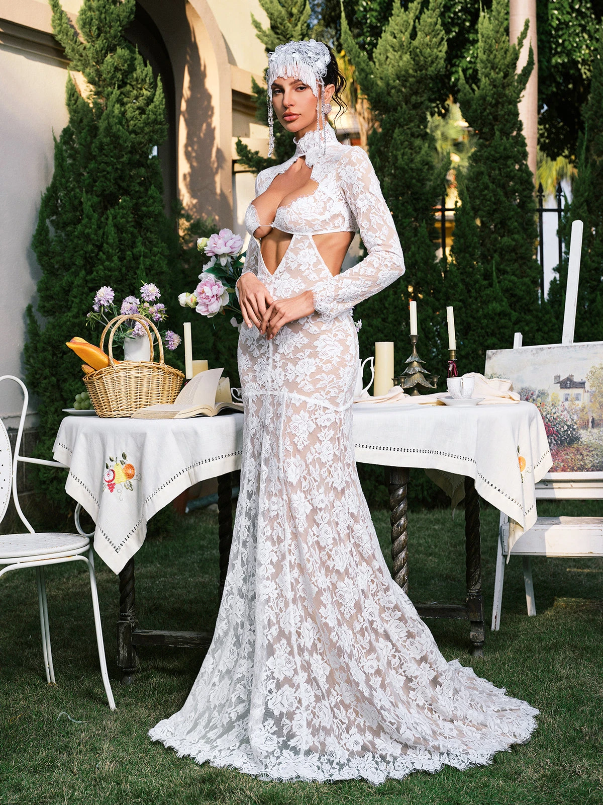 Edalene Long Slevee Flower Cutout Lace Maxi Dress - Image 4