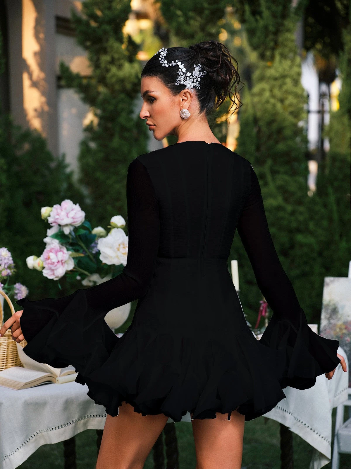 Edsel Flare Sleeve Button Mini Dress In Black - Image 6