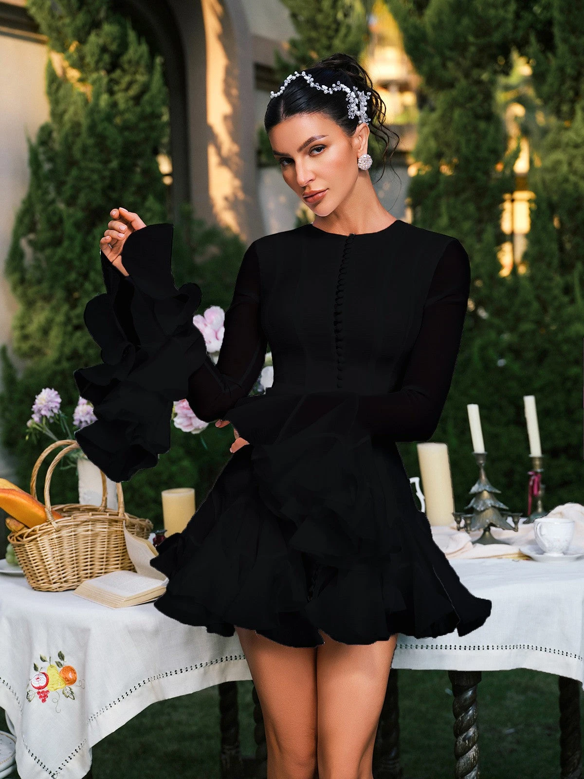 Edsel Flare Sleeve Button Mini Dress In Black - Image 4