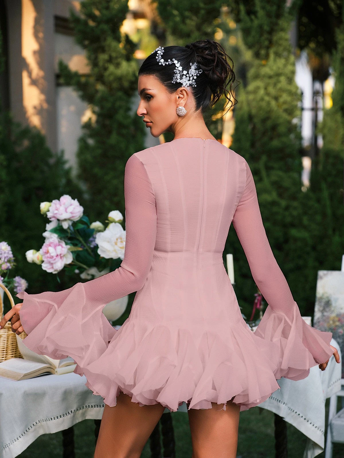 Edsel Flare Sleeve Button Mini Dress In Pink - Image 6