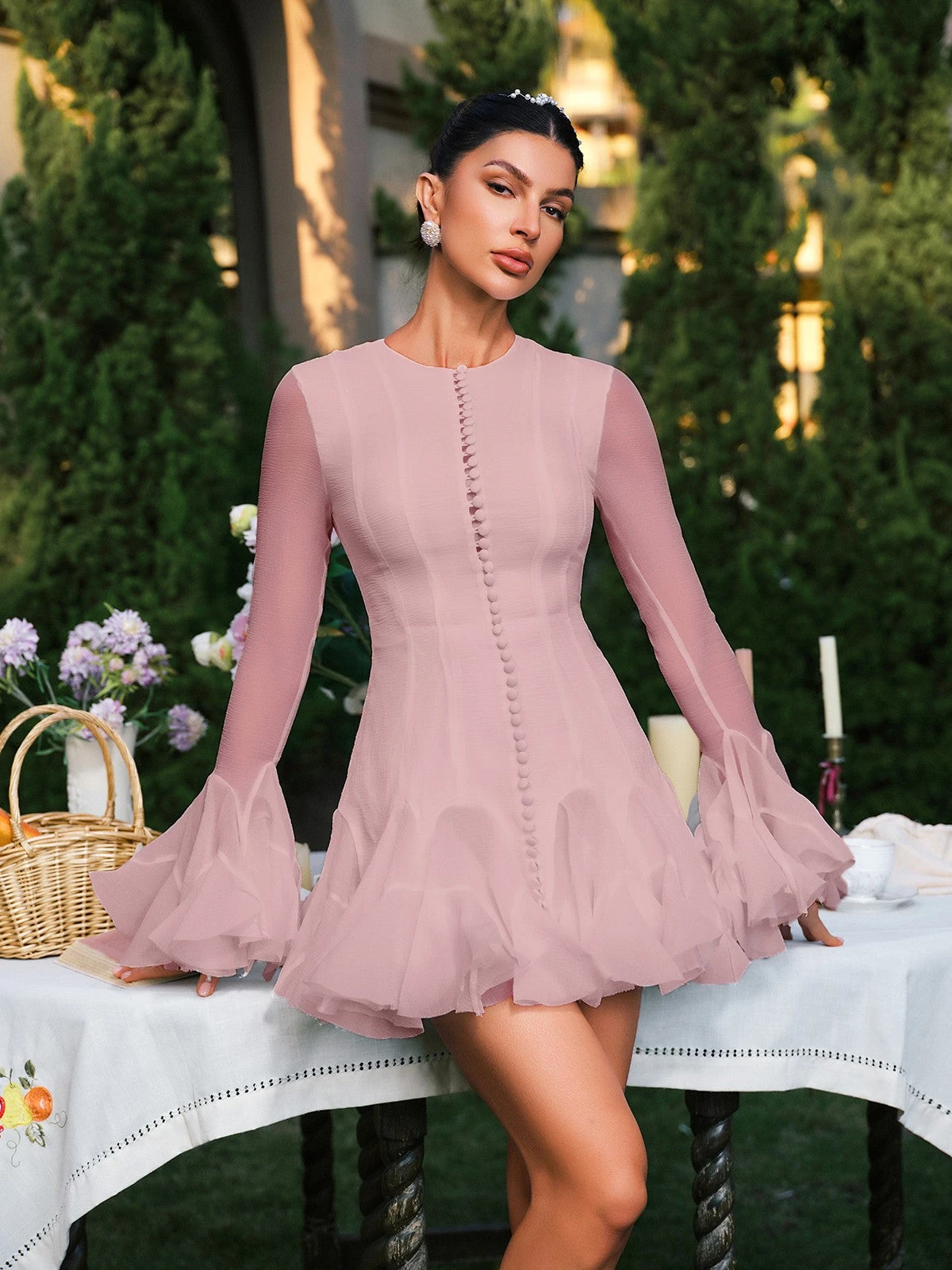 Edsel Flare Sleeve Button Mini Dress In Pink - Image 3
