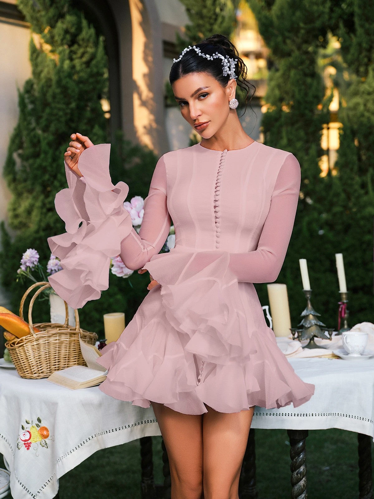 Edsel Flare Sleeve Button Mini Dress In Pink - Image 5