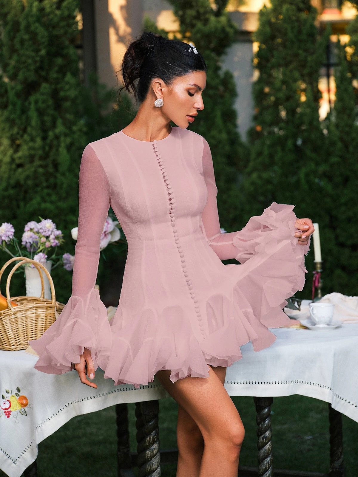 Edsel Flare Sleeve Button Mini Dress In Pink - Image 2