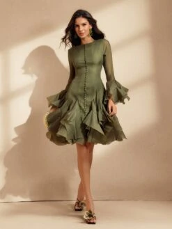 Edsel Flare Sleeve Button Mini Dress In Green