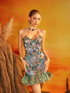 Eldrara Spaghetti Floral Embroidered Mini Dress