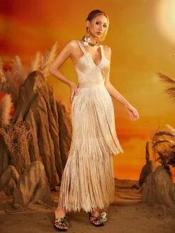 Eldrix V Neck Fringe Bandage Maxi Dress