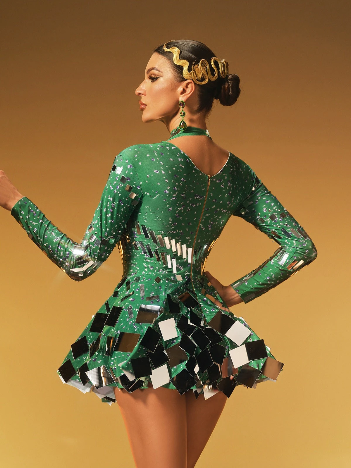 Ella Long Sleeve Embellished Mini Dress In Green - Image 6