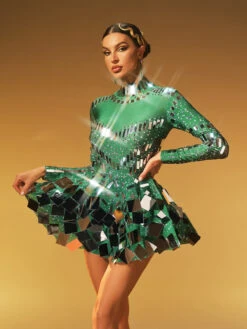 Ella Long Sleeve Embellished Mini Dress In Green