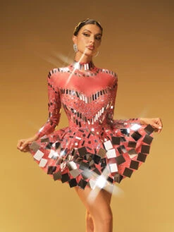 Ella Long Sleeve Embellished Mini Dress In Red