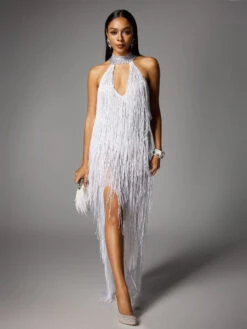 Elvrik Halterneck Fringe Cutout Split Maxi Dress In White