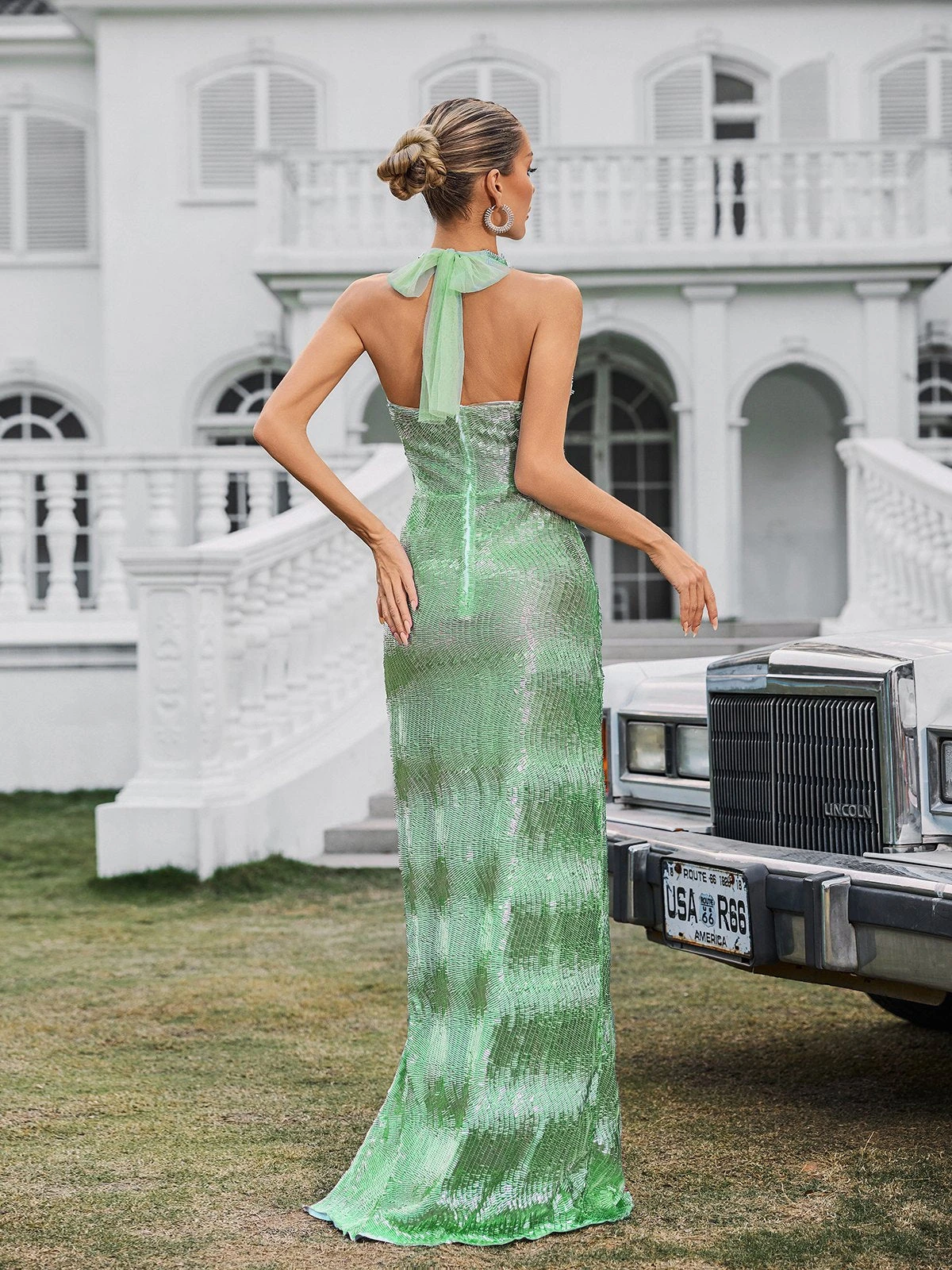 Elyssian Halterneck Split Maxi Dress In Green - Image 6